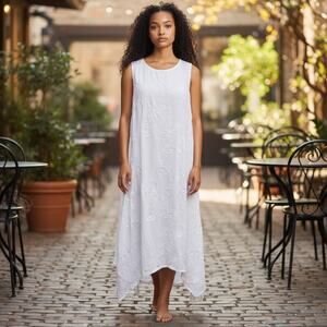 ELLE White Dress SZ L Embossed W/ Embroidery LWD Bow Tie Back Handkerchief Sheer